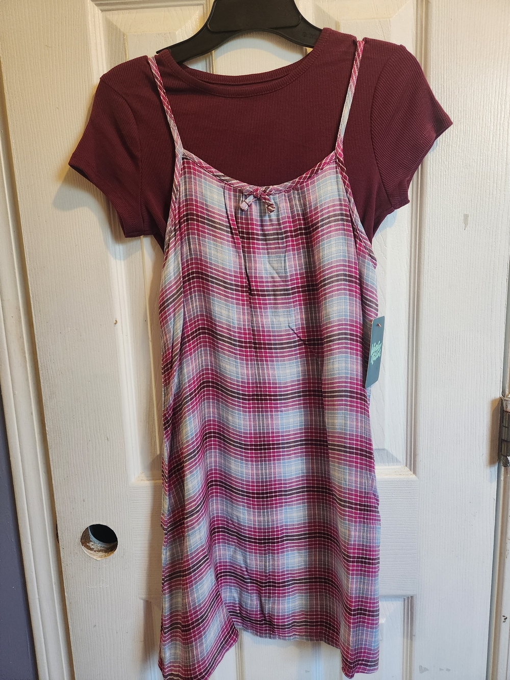 wonder nation Pink Plaid Slip Dress with Burgundy Tee